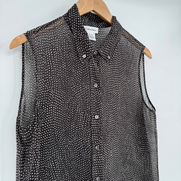 Calvin Klein Brown Polka Dot Sleeveless Sheer Silk Button Front‎ Blouse Sz 14 - Picture 2 of 11